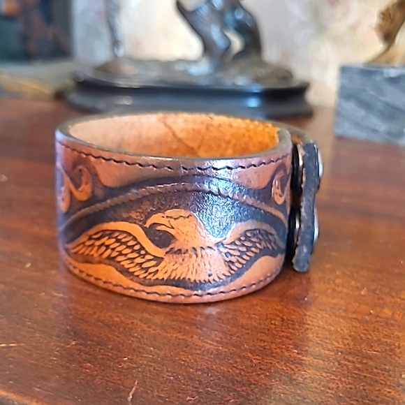 Upcycled Leather Cuff Bracelet Unisex 9 Inches - Picture 2 of 7